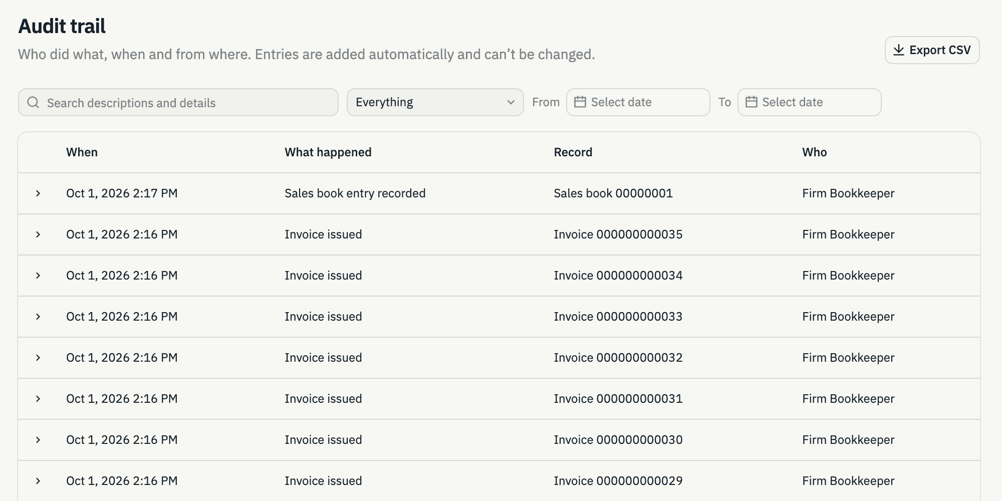 The Cloud CAS audit trail listing each invoice issued, with the time and the person who issued it.