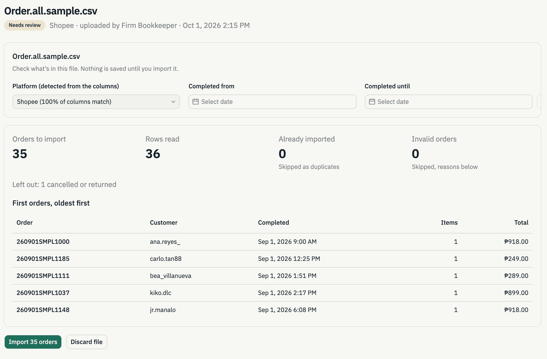 The Cloud CAS import screen for a Shopee report: platform detected, 35 orders to import, one cancelled order left out.